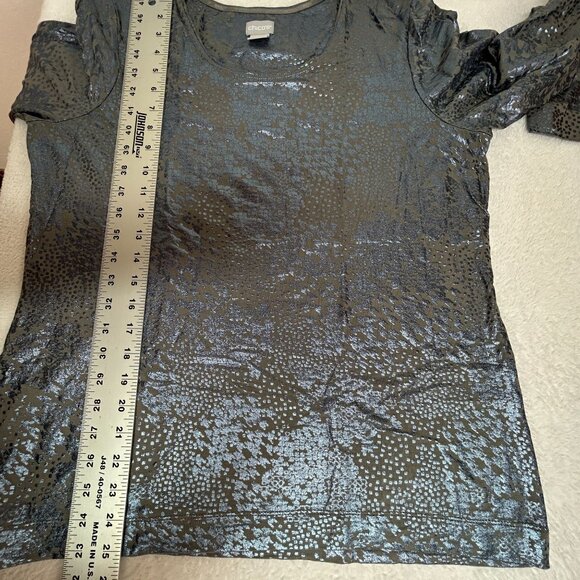 Chico's Womens Metallic Leopard Print Long Sleeve Top Size 2, Large Gray Stretch - Picture 7 of 7